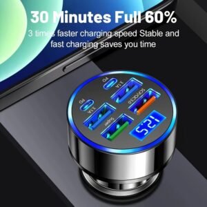 6-in-1 Car Charger with Display, USB 3.0/3.1A Fast Charging, Multi-Port Adapter, Dual PD, Universal Compatibility, 36V Voltage, for Smartphones, Tablets, and More - Image 2