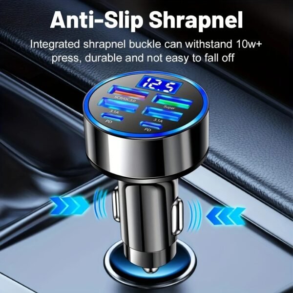 6-in-1 Car Charger with Display, USB 3.0/3.1A Fast Charging, Multi-Port Adapter, Dual PD, Universal Compatibility, 36V Voltage, for Smartphones, Tablets, and More