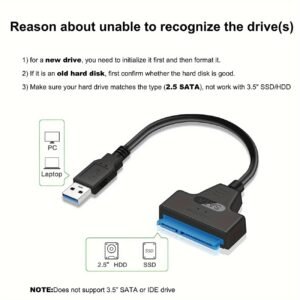 High-Speed USB 3.0 to SATA III Adapter Cable for 2.5-Inch HDD/SSD - Black, UASP Compatible, Easy Plug & Play Installation, Supports Data Transfer and Storage Expansion, Sata to USB Adapter - Image 2
