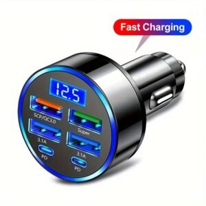 6-in-1 Car Charger with Display, USB 3.0/3.1A Fast Charging, Multi-Port Adapter, Dual PD, Universal Compatibility, 36V Voltage, for Smartphones, Tablets, and More - Image 3