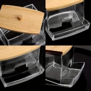 1pc Clear Acrylic Swab Holders With Wooden Lid, Dust-proof Storage Jars For Swab, Jewelry, Powder Puffs, Beauty Eggs, Household Storage Organizer For Dresser, Desktop, Bathroom, Home, Dorm
