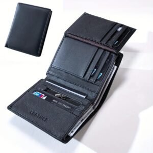1pc Vintage Style Genuine Leather Wallets for Men - Solid Black, Plaited Weaving, Ruffle Details, Two-Layer Cowhide, Polyester Composition
