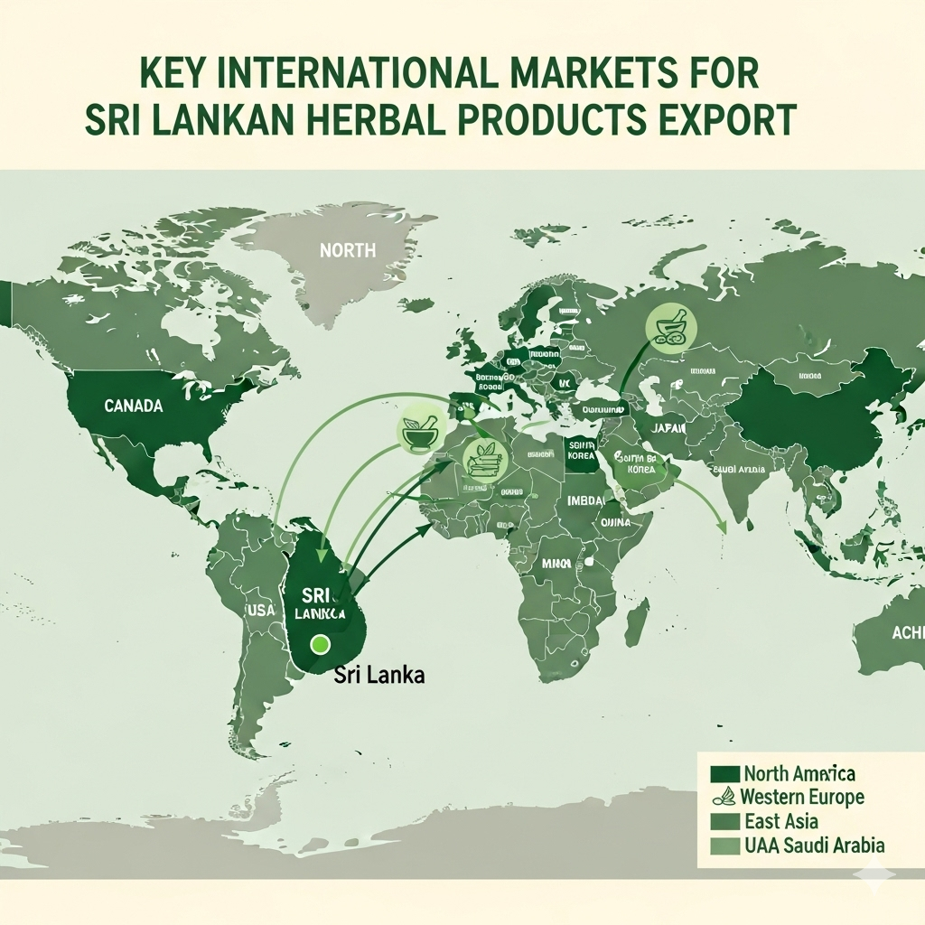 World map highlighting key international markets for Sri Lankan herbal products export